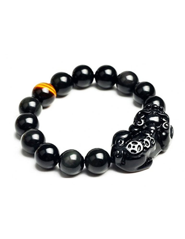 Feng Shui Obsidian Pi Yao with a Tiger Eye Bead Bracelet for Wealth  Feng Shui Obsidian Pi Yao with a Tiger Eye Bead Bracelet for Wealth