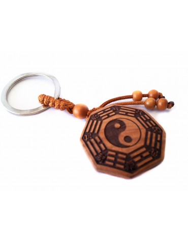 Feng Shui Handmade Peach Wood Bagua /Pakua Key Ring Hanging for Protection