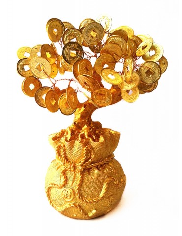 Feng Shui Money Tree Bonsai with Chinese Emperor Coins in a Money Bag for Wealth